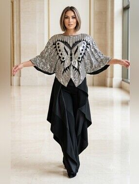 70's🦋Silk & Sequin Butterfly🦋Top - Black and Silver Fits S to L